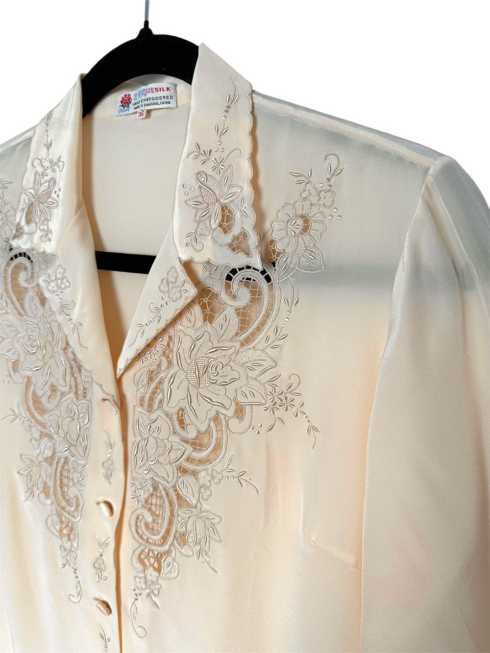 Vintage 100% Silk Embroidered Lace Cutout Blouse Feminine Prairiecore Romantic - Picture 7 of 12